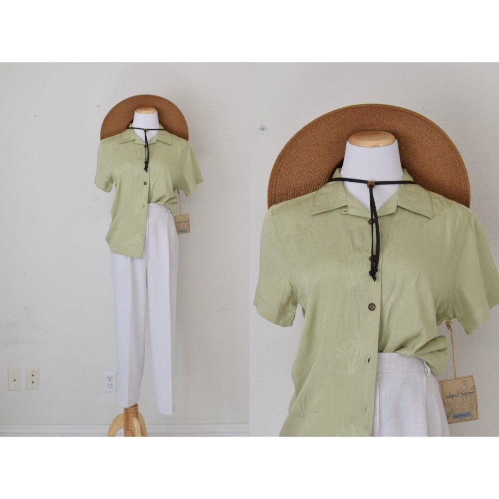 Port Authority Island Series Ladies Green Small Palm Tree Jaquard Camp Shirt NWT